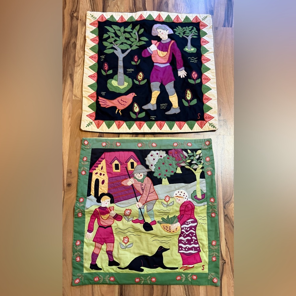 SUSAN SARGENT APPLIQUÉ PILLOW COVERS. TWO 20x20” COVERS